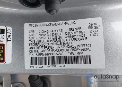 2016 Honda Cr-V Ex-L from USA, damaged, VIN 5J6RM4H79GL114649